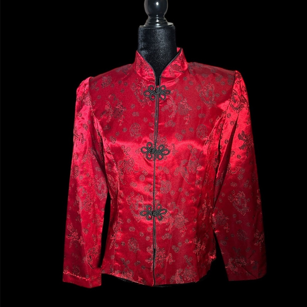 R & K Evening - Red 80's/90's Frog Closure, Mandarin Collar Blouse - Size 8